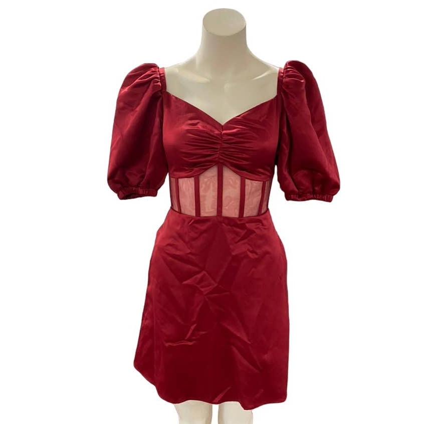 New / Autumn Adeigbo Clarette Puff Sleeve Mini Dress 2 Red Corset Mesh